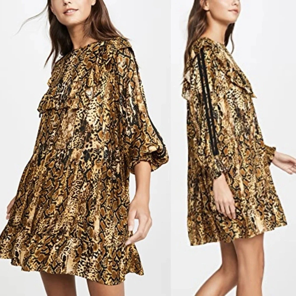 Ba&sh Sym Animal Print Ruffle Tiered Mini Dress Ochre Sz XS resort beach boho